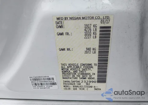 2017 Nissan Altima 2.5 Sl from USA, damaged, VIN 1N4AL3AP3HC232990